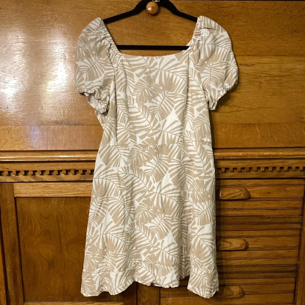 LOFT Tropical Boho Chic Palm Leaf Linen Blend Puff‎ Sleeve Mini Dress Size 6